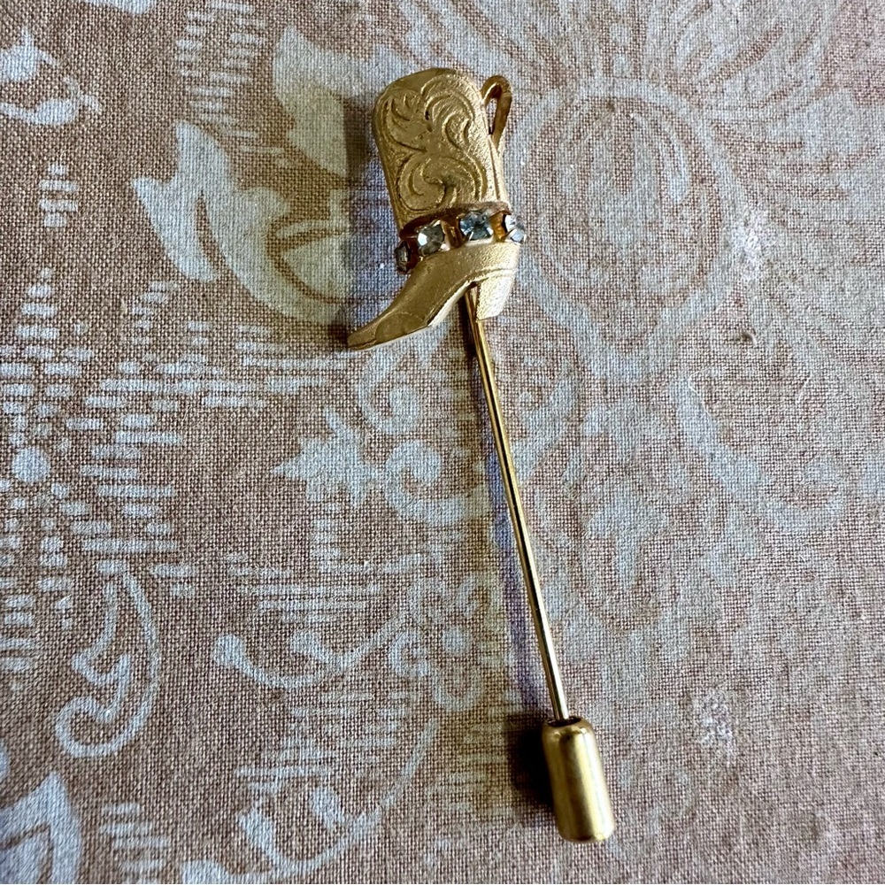 Gold Tone Cowboy Boot Stick Pin with Rhinestones